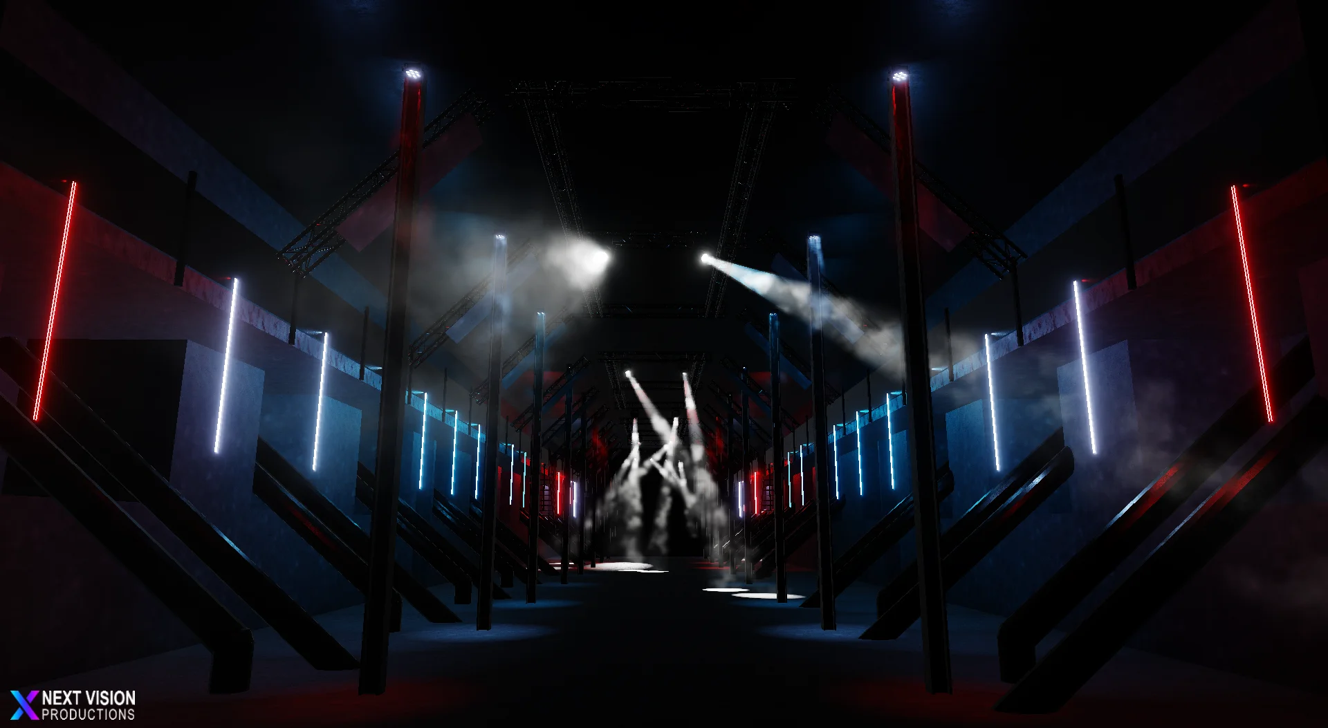 render van de Now&Wow met led-balken en movingheads in blauwe kleur