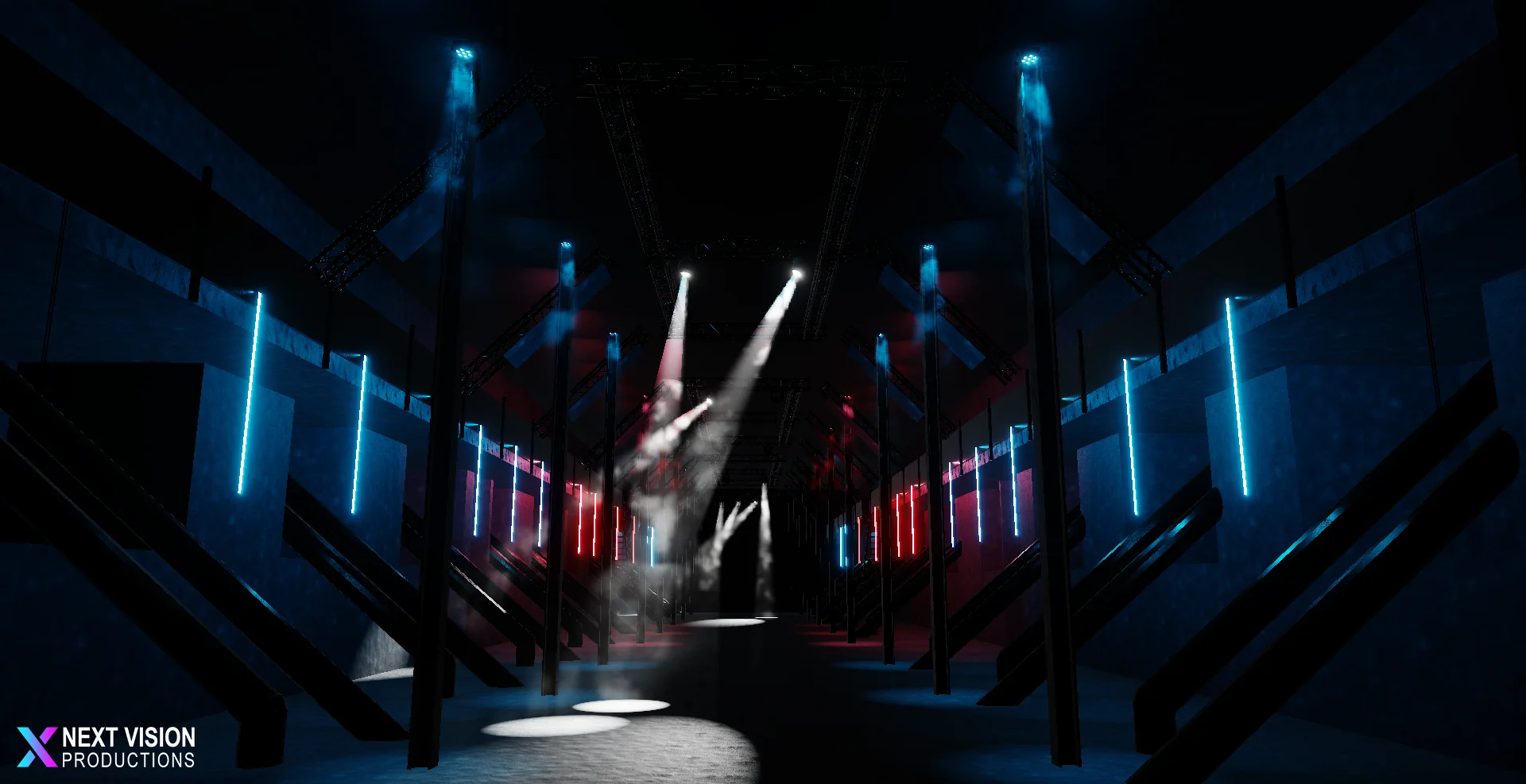 render van de Now&Wow met led-balken en movingheads in blauwe en rode kleur