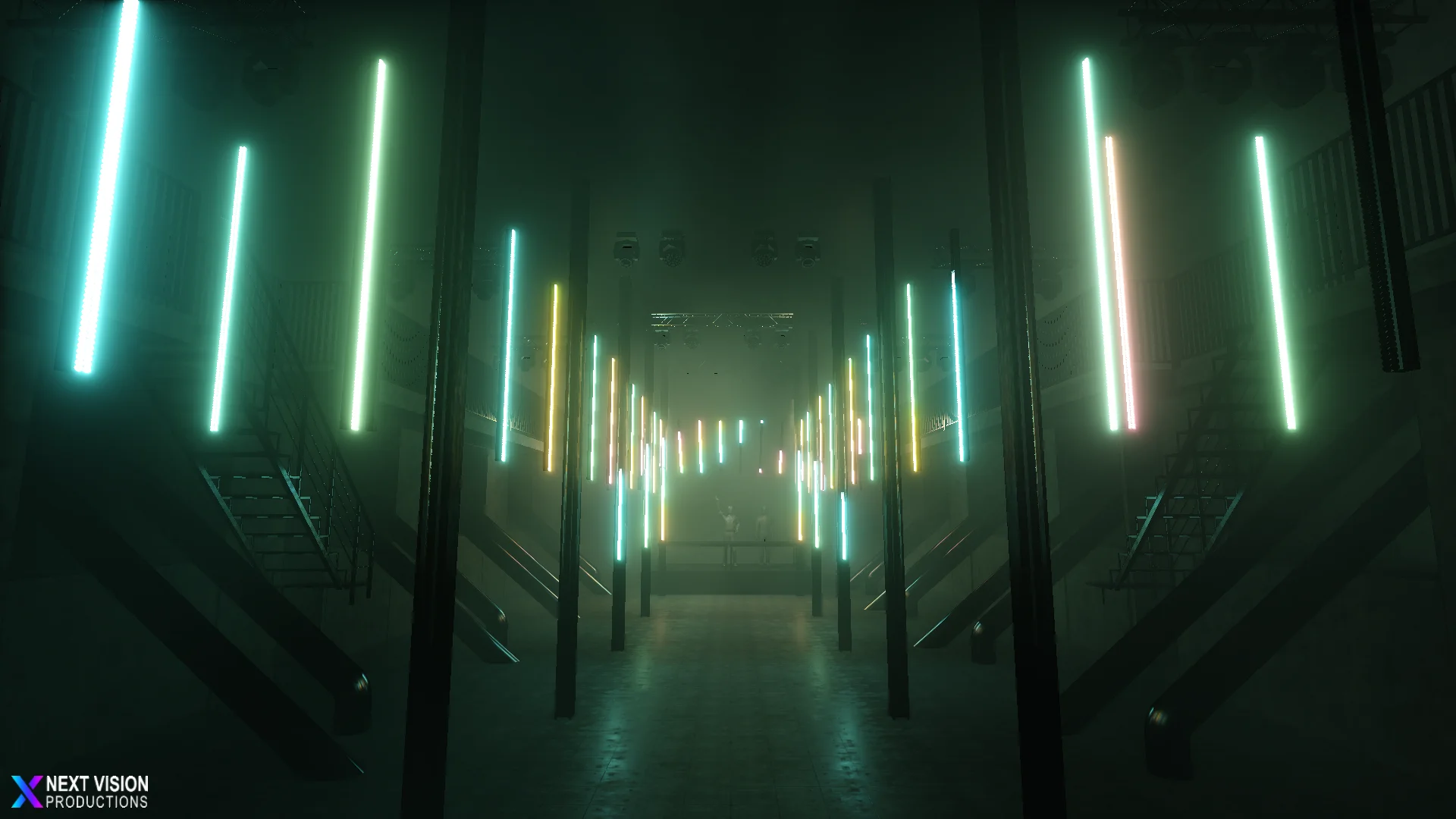 render voor A State Of Trance van de led-balken tunnel met cyan/groen/geel kleuren.