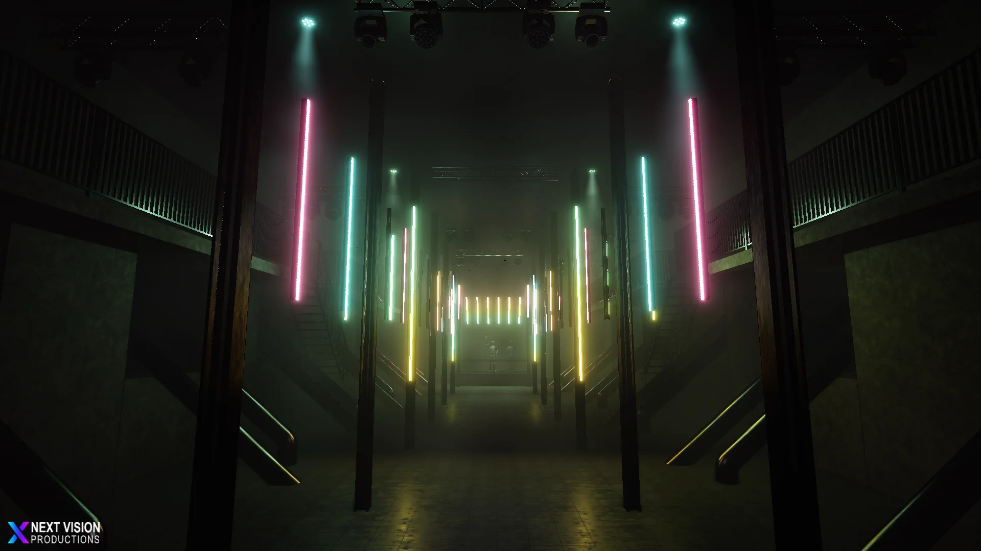 render voor A State Of Trance van de led-balken tunnel met regenboog kleuren.