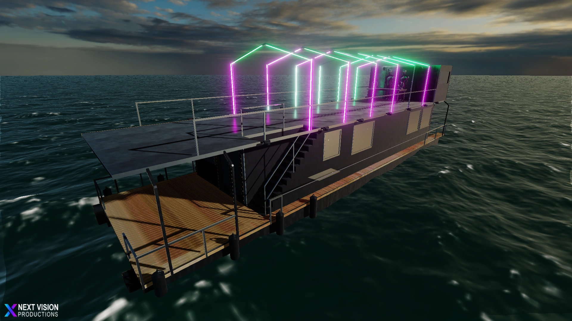 lichtshow overview render met led-balken in een tunnel op de boot voor Wave Rave