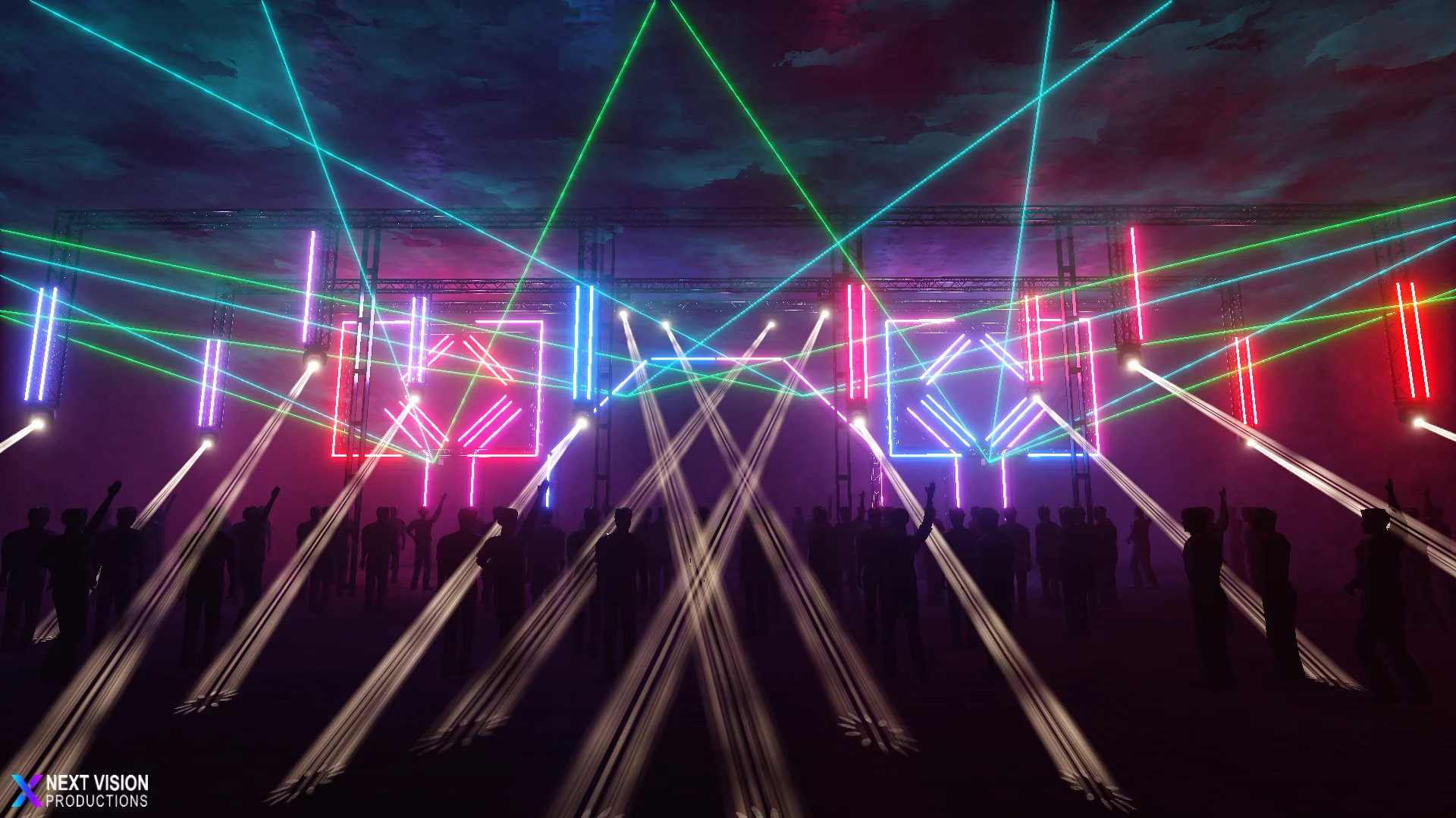 render voor Kings of Core met LED-balken, lasers en movingheads