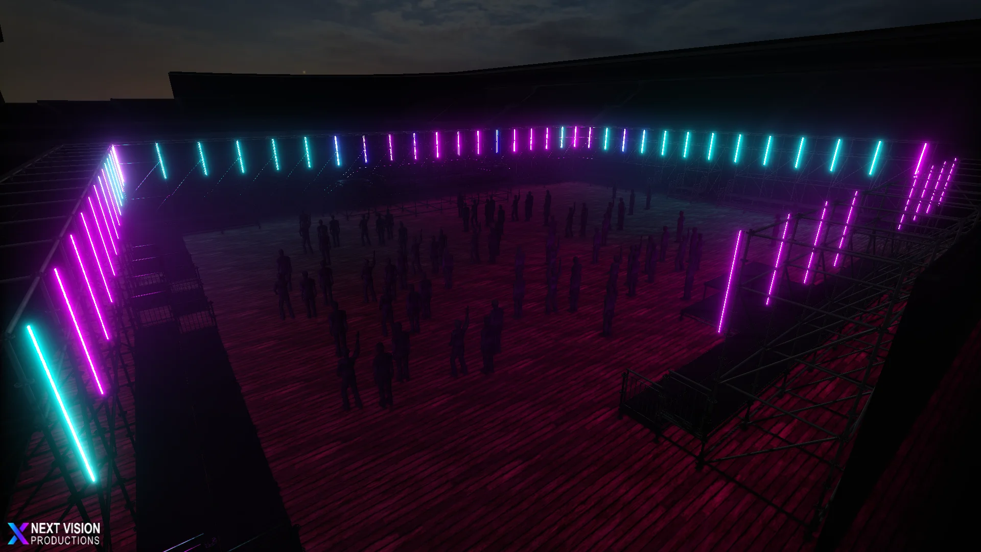 cyan/magenta render van de arena stage